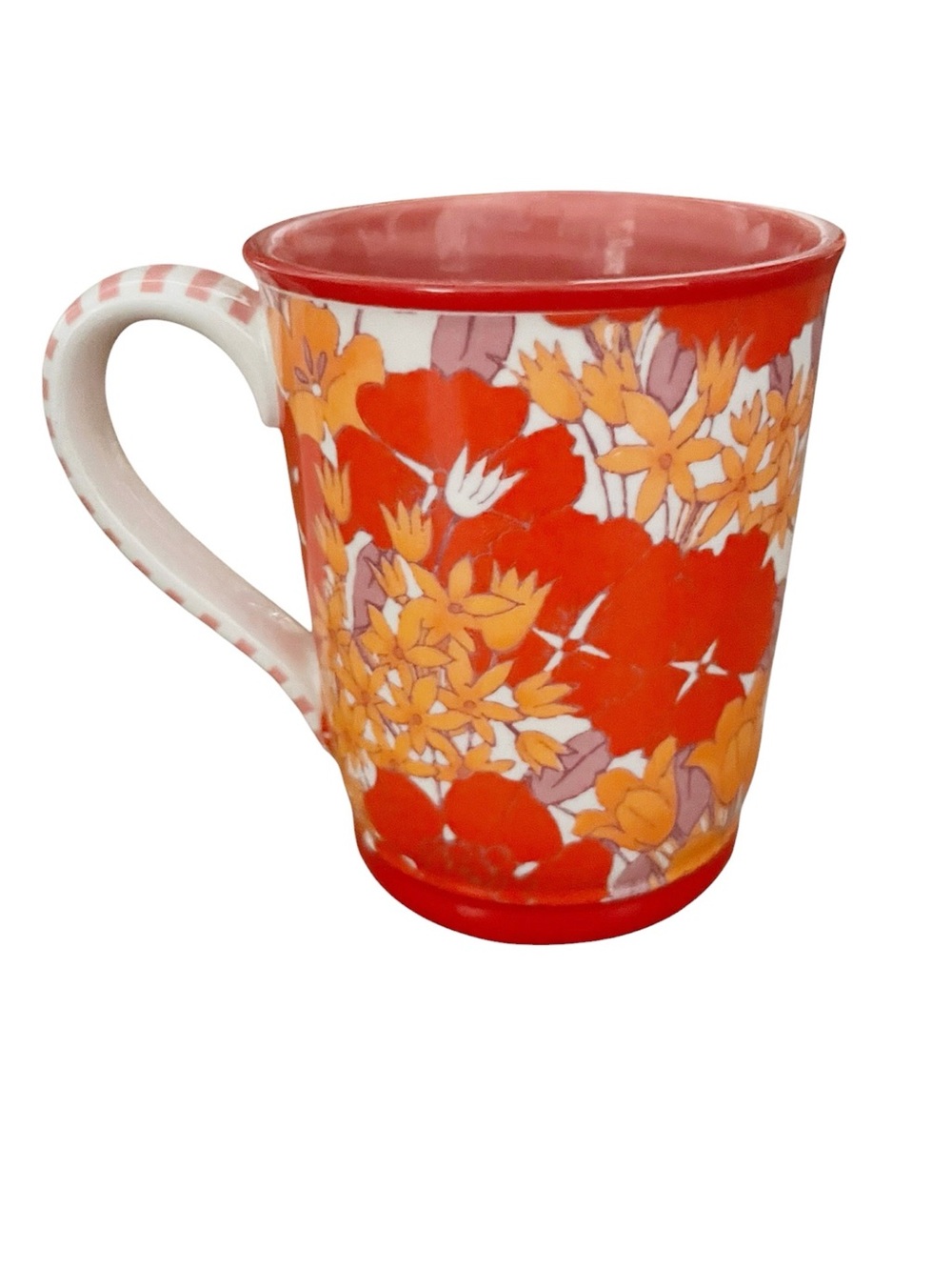 Anthropologie Lyla Red and Orange Floral Striped Handle 10 Ounce Ceramic Mug